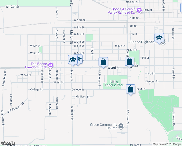map of restaurants, bars, coffee shops, grocery stores, and more near 505 West 2nd Street in Boone