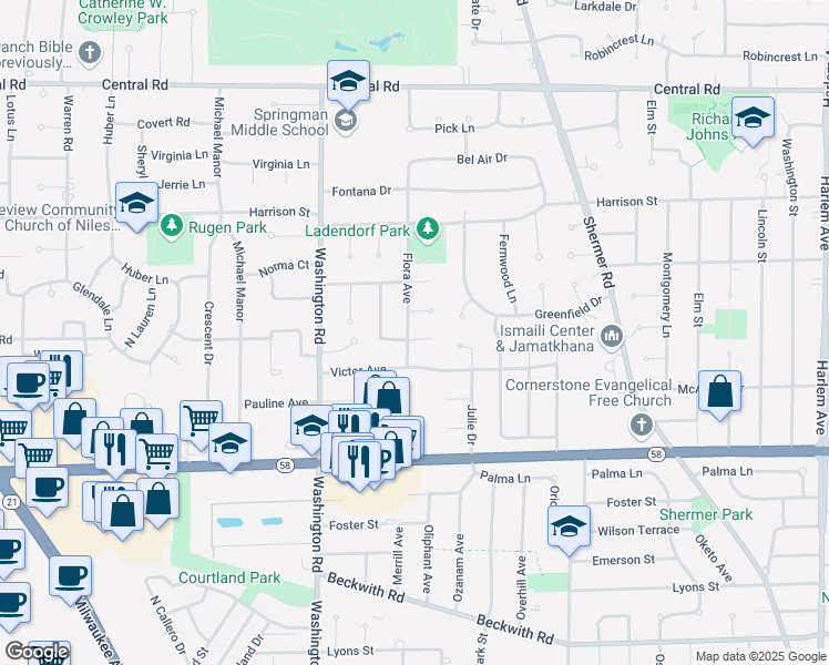 map of restaurants, bars, coffee shops, grocery stores, and more near 205 Flora Avenue in Glenview
