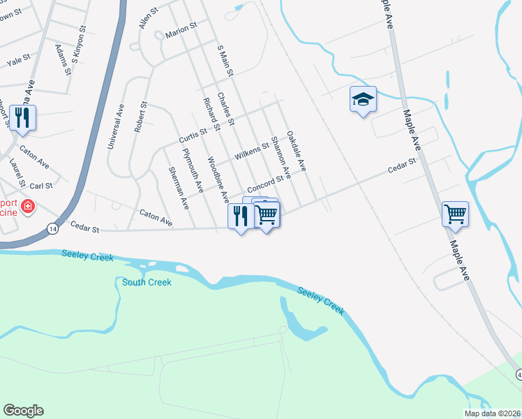 map of restaurants, bars, coffee shops, grocery stores, and more near 1264 Charles St in Elmira
