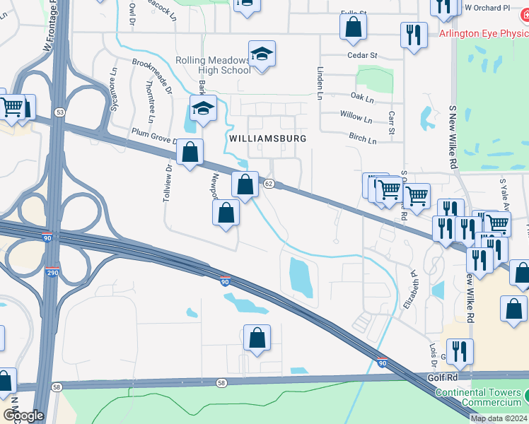 map of restaurants, bars, coffee shops, grocery stores, and more near 5101 Carriageway Drive in Rolling Meadows