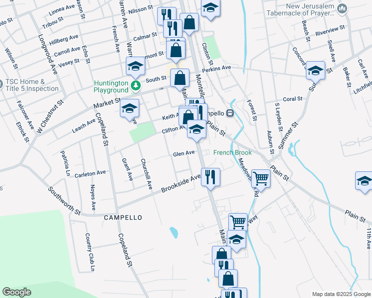map of restaurants, bars, coffee shops, grocery stores, and more near 1348 Main Street in Brockton