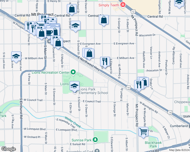 map of restaurants, bars, coffee shops, grocery stores, and more near 601 East Prospect Avenue in Mount Prospect