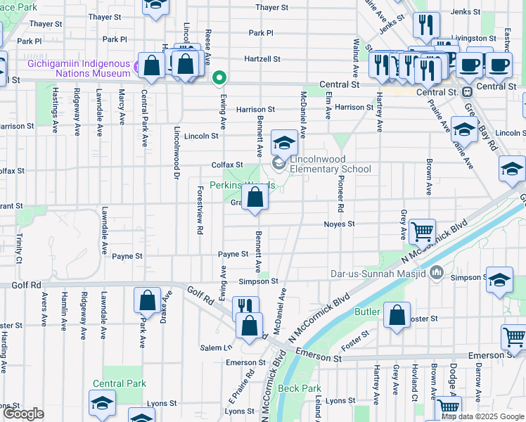 map of restaurants, bars, coffee shops, grocery stores, and more near 2231 Bennett Avenue in Evanston