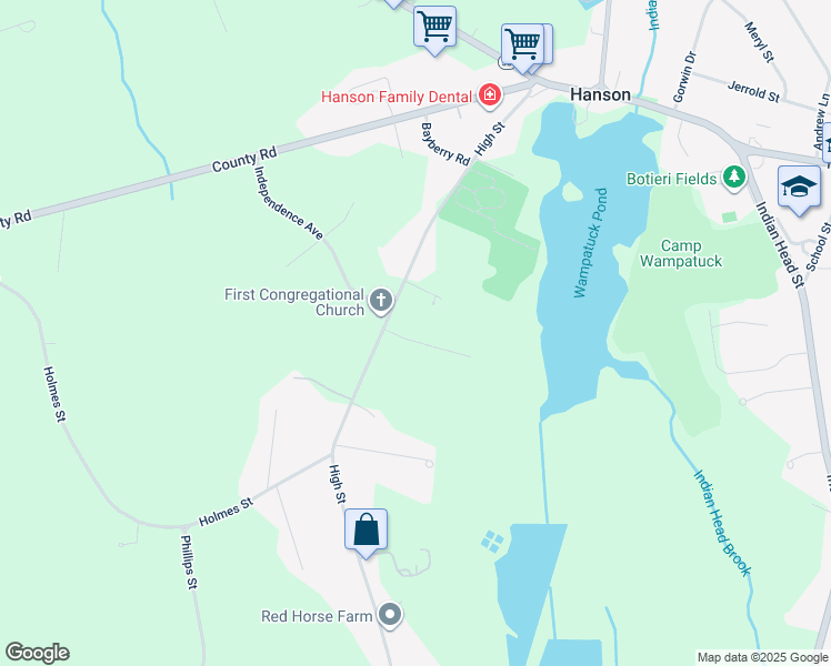 map of restaurants, bars, coffee shops, grocery stores, and more near 29 Big Rock Lane in Hanson