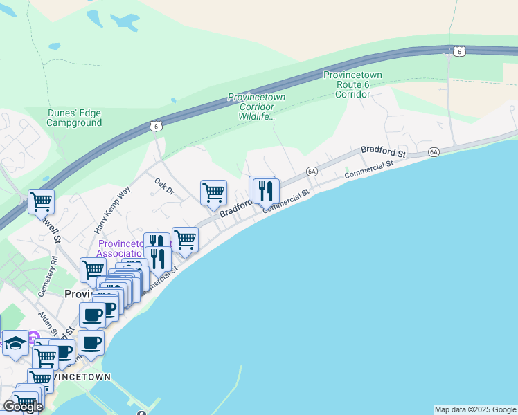 map of restaurants, bars, coffee shops, grocery stores, and more near 536 Commercial St in Provincetown