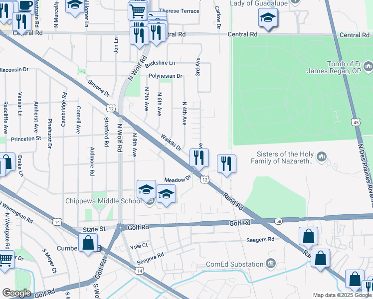 map of restaurants, bars, coffee shops, grocery stores, and more near 301 North 4th Avenue in Des Plaines