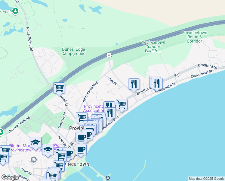 map of restaurants, bars, coffee shops, grocery stores, and more near 11 Willow Drive in Provincetown