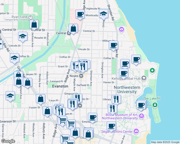 map of restaurants, bars, coffee shops, grocery stores, and more near 2230 Sherman Avenue in Evanston