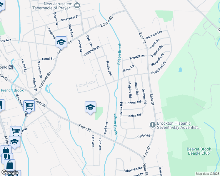 map of restaurants, bars, coffee shops, grocery stores, and more near 194 Carl Avenue in Brockton
