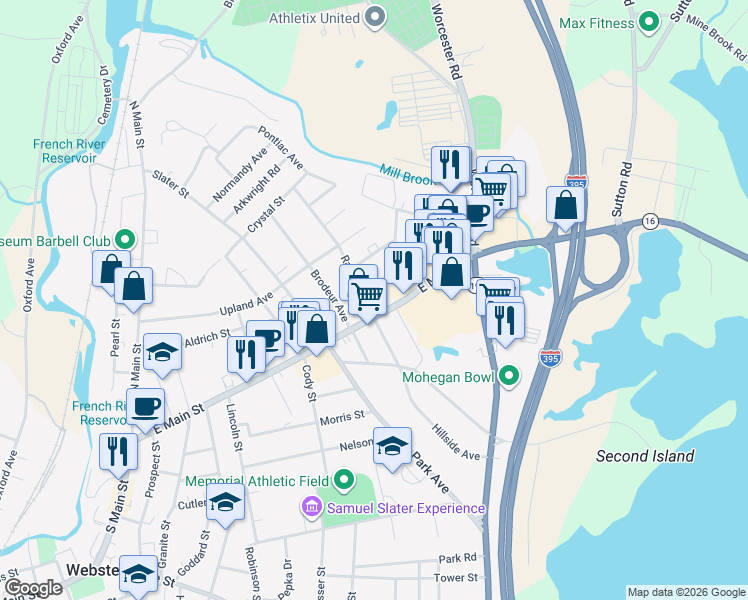 map of restaurants, bars, coffee shops, grocery stores, and more near 107 East Main Street in Webster