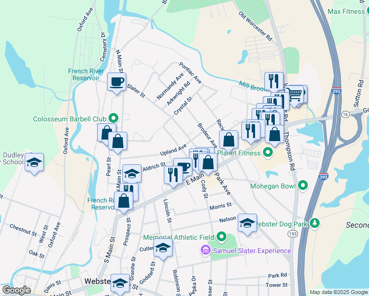 map of restaurants, bars, coffee shops, grocery stores, and more near 20 Stoughton Avenue in Webster