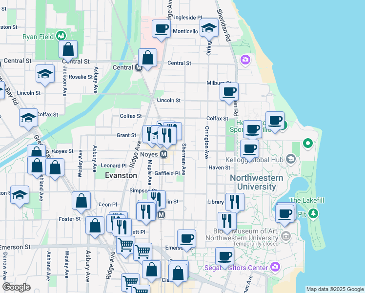 map of restaurants, bars, coffee shops, grocery stores, and more near 813 Noyes Street in Evanston