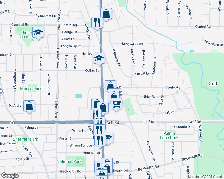 map of restaurants, bars, coffee shops, grocery stores, and more near 195 Waukegan Road in Glenview
