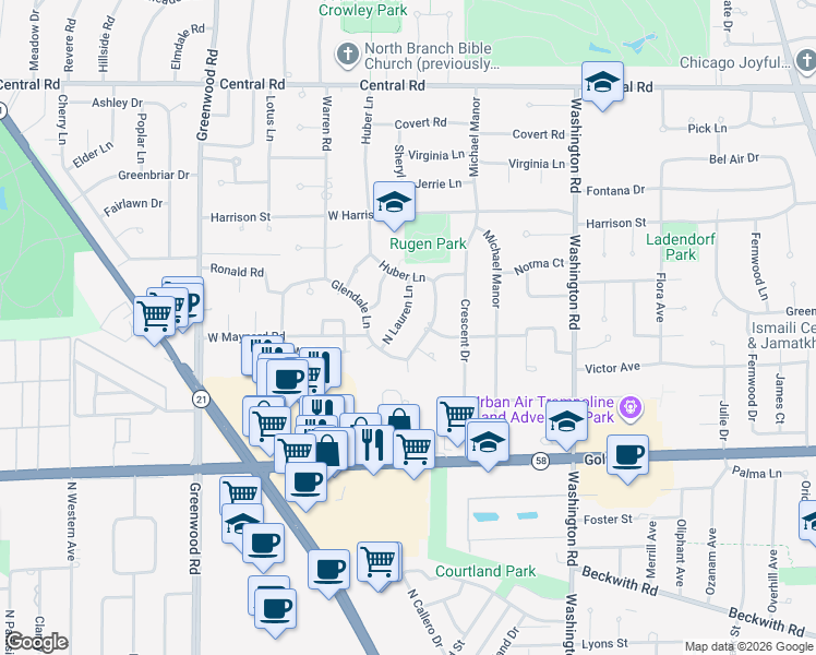 map of restaurants, bars, coffee shops, grocery stores, and more near 9809 North Lauren Lane in Niles
