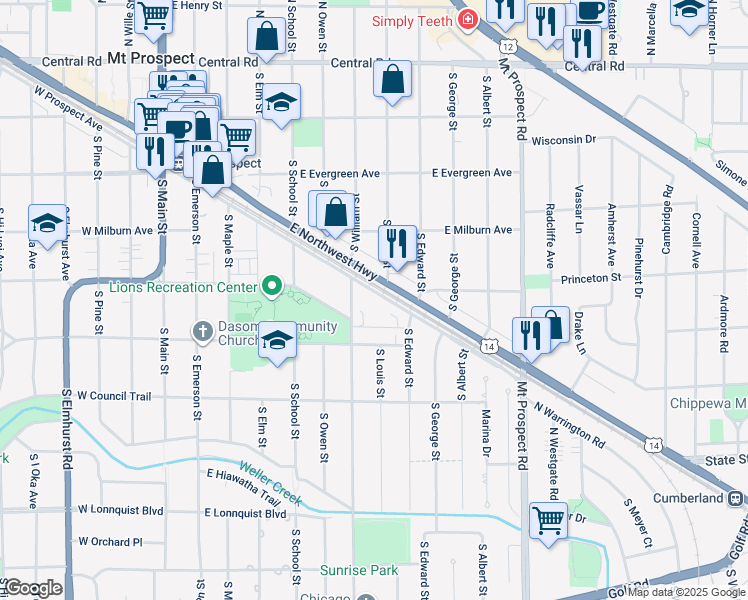 map of restaurants, bars, coffee shops, grocery stores, and more near 701 East Prospect Avenue in Mount Prospect