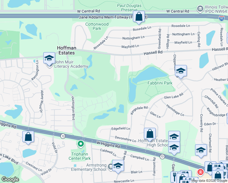 map of restaurants, bars, coffee shops, grocery stores, and more near 1446 Della Drive in Hoffman Estates