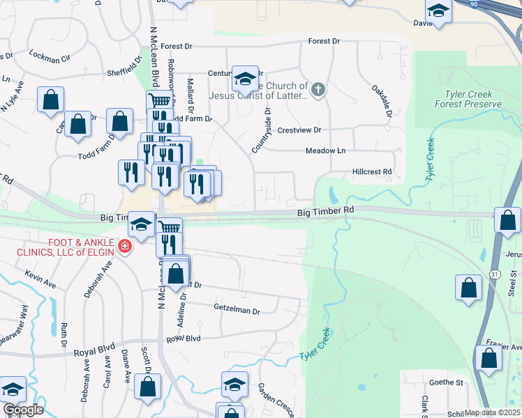 map of restaurants, bars, coffee shops, grocery stores, and more near in Elgin
