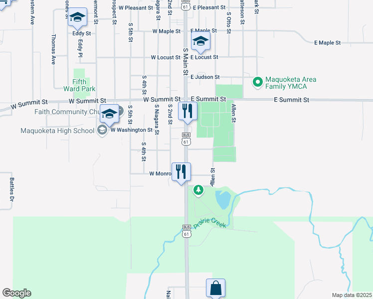 map of restaurants, bars, coffee shops, grocery stores, and more near 101 East Jefferson Street in Maquoketa