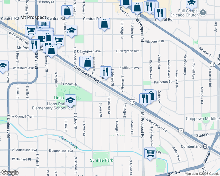 map of restaurants, bars, coffee shops, grocery stores, and more near in Mount Prospect