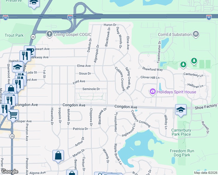 map of restaurants, bars, coffee shops, grocery stores, and more near 1159 Blackhawk Drive in Elgin