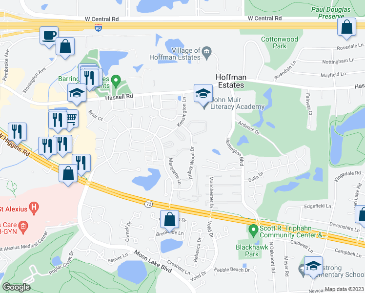 map of restaurants, bars, coffee shops, grocery stores, and more near 1700 Queensbury Circle in Hoffman Estates