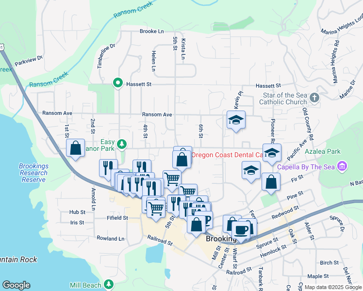 map of restaurants, bars, coffee shops, grocery stores, and more near 817 Easy Street in Brookings