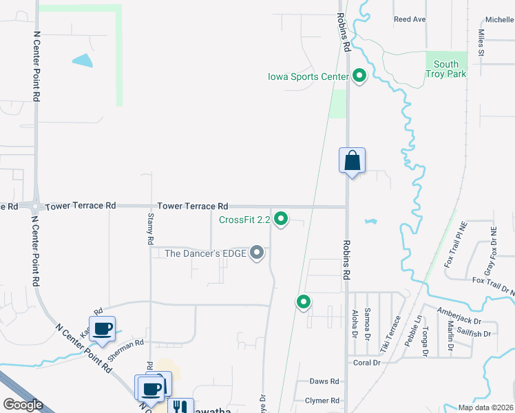 map of restaurants, bars, coffee shops, grocery stores, and more near 500 Tower Terrace Road in Cedar Rapids