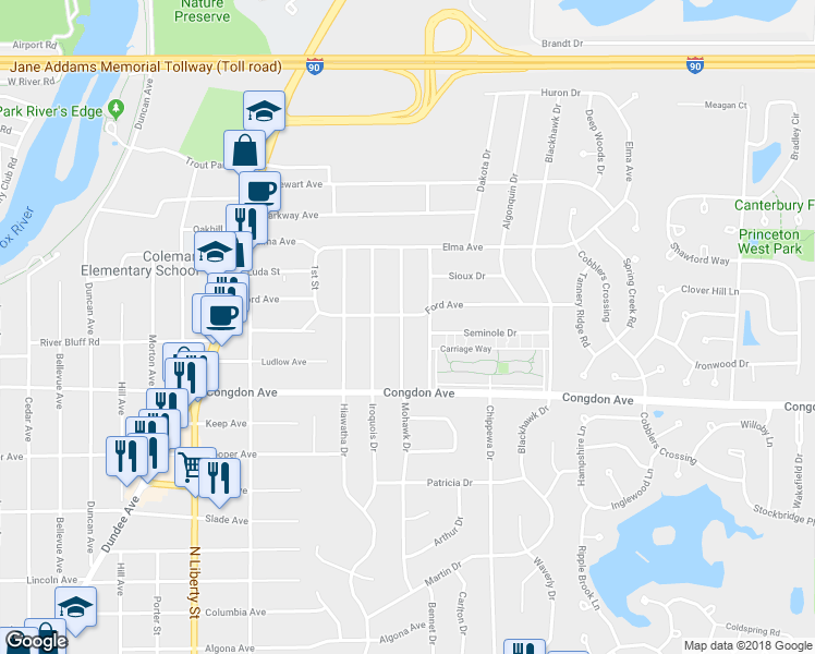 map of restaurants, bars, coffee shops, grocery stores, and more near 1159 Mohawk Drive in Elgin