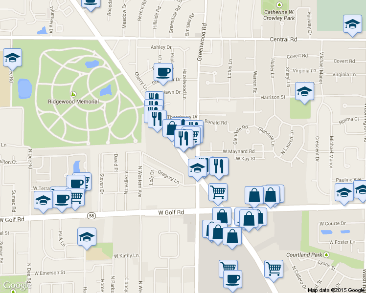 map of restaurants, bars, coffee shops, grocery stores, and more near 9801 North Milwaukee Avenue in Des Plaines