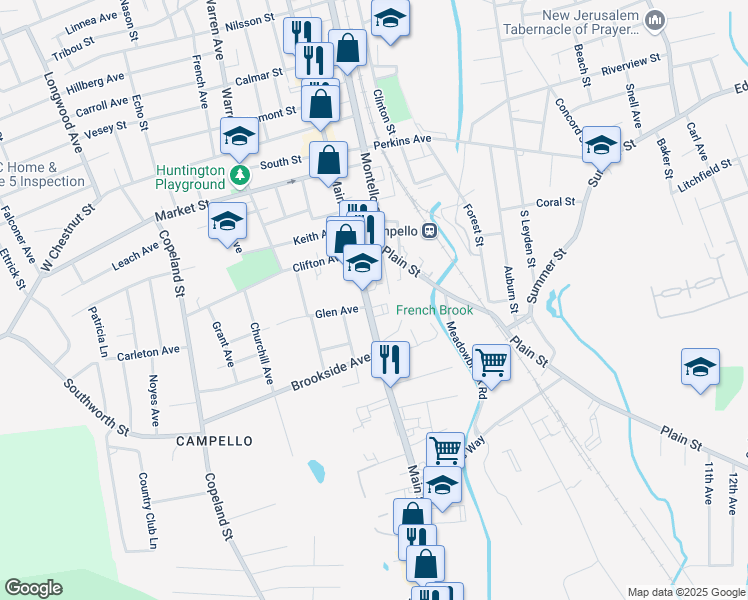 map of restaurants, bars, coffee shops, grocery stores, and more near 1348 Main Street in Brockton