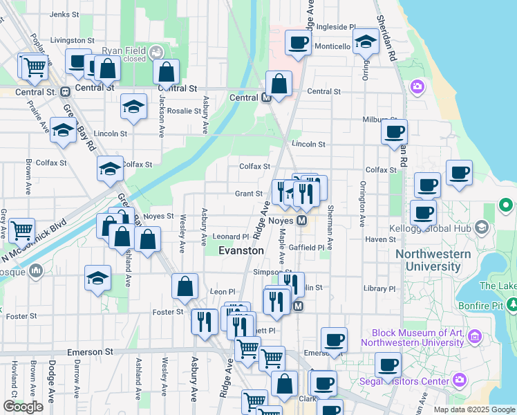map of restaurants, bars, coffee shops, grocery stores, and more near 1014 Noyes Street in Evanston