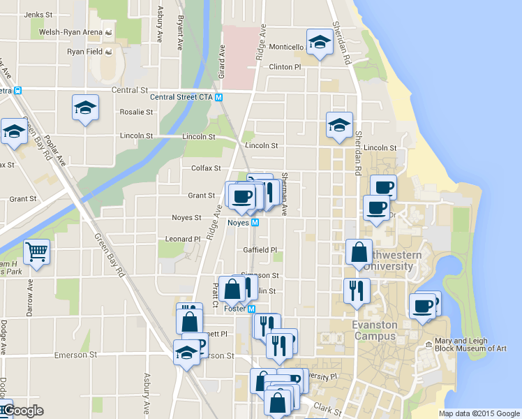 map of restaurants, bars, coffee shops, grocery stores, and more near 813 Noyes Street in Evanston