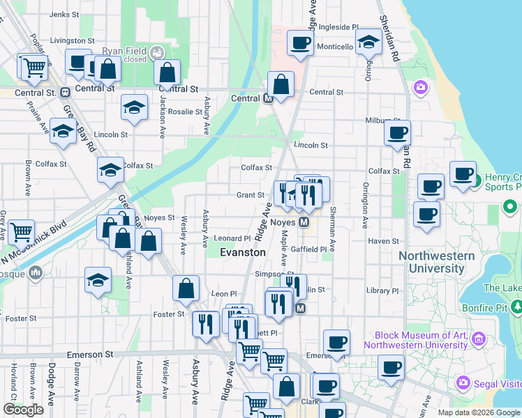 map of restaurants, bars, coffee shops, grocery stores, and more near 1014 Noyes Street in Evanston