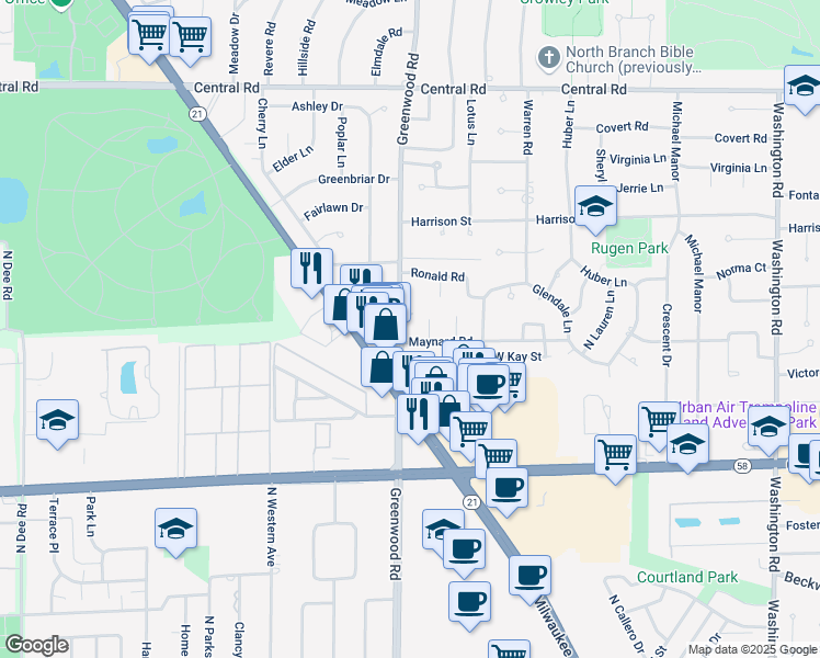 map of restaurants, bars, coffee shops, grocery stores, and more near 9801 North Greenwood Avenue in Niles