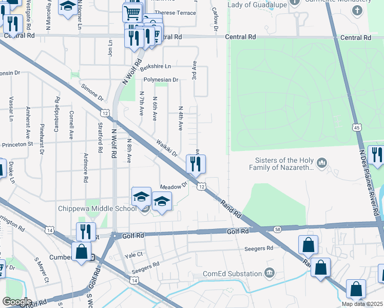 map of restaurants, bars, coffee shops, grocery stores, and more near 301 North 4th Avenue in Des Plaines