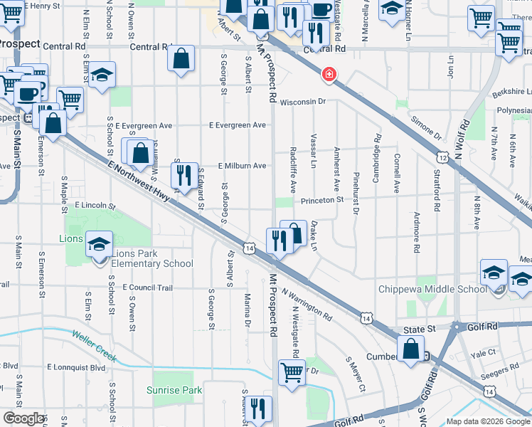 map of restaurants, bars, coffee shops, grocery stores, and more near 405 South Albert Street in Mount Prospect