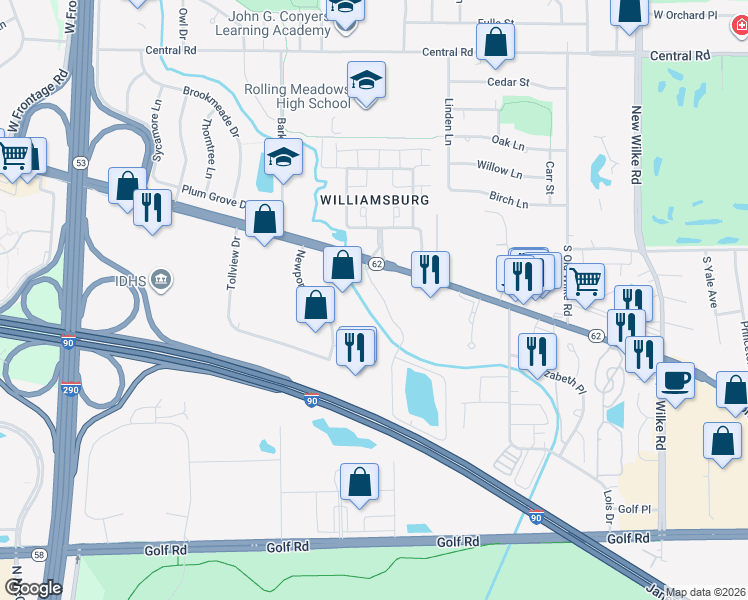 map of restaurants, bars, coffee shops, grocery stores, and more near 5101 Carriageway Drive in Rolling Meadows