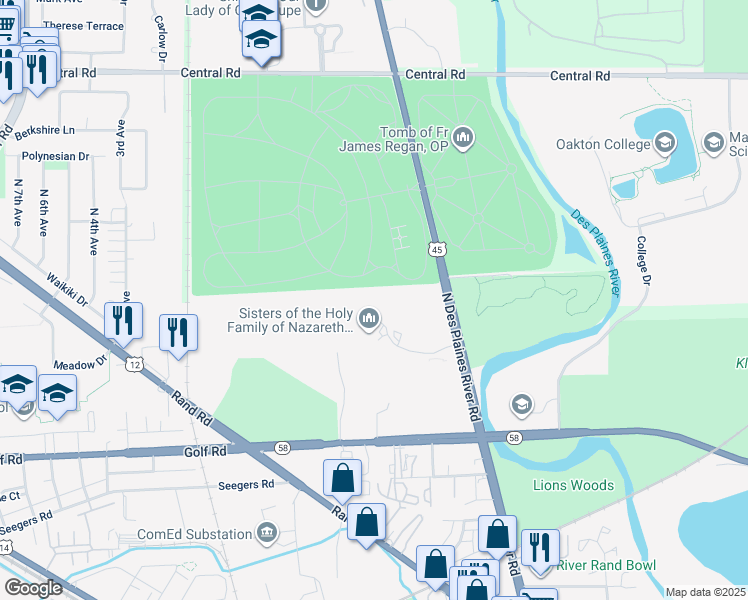 map of restaurants, bars, coffee shops, grocery stores, and more near 104 North River Road in Des Plaines