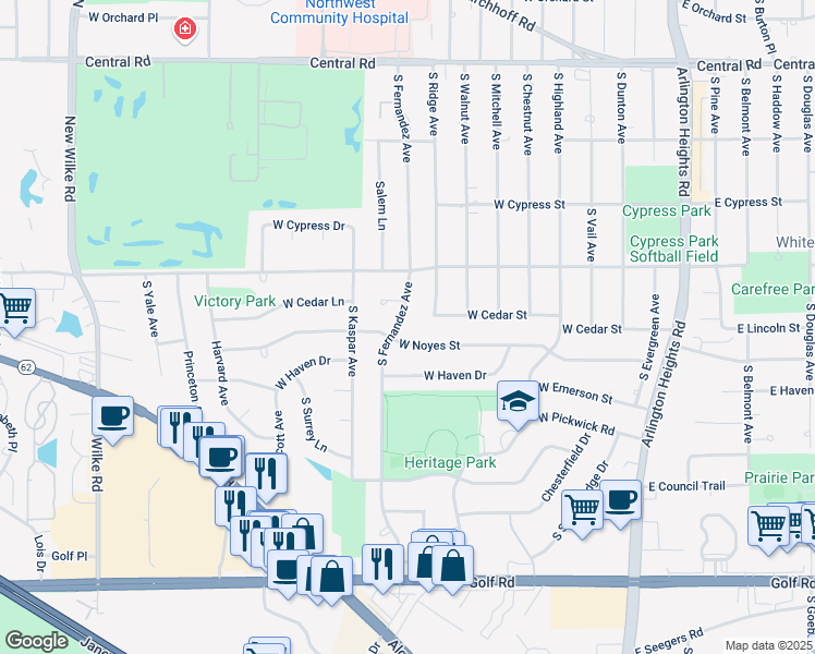map of restaurants, bars, coffee shops, grocery stores, and more near 1403 South Fernandez Avenue in Arlington Heights