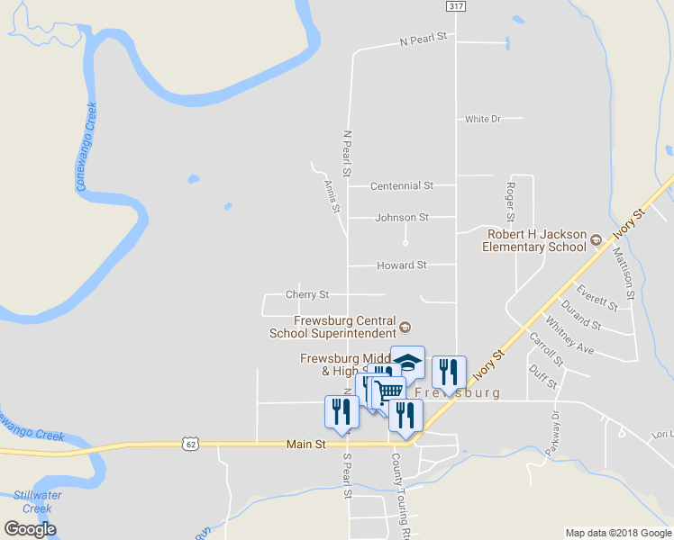 map of restaurants, bars, coffee shops, grocery stores, and more near 44 Berg Drive in Frewsburg
