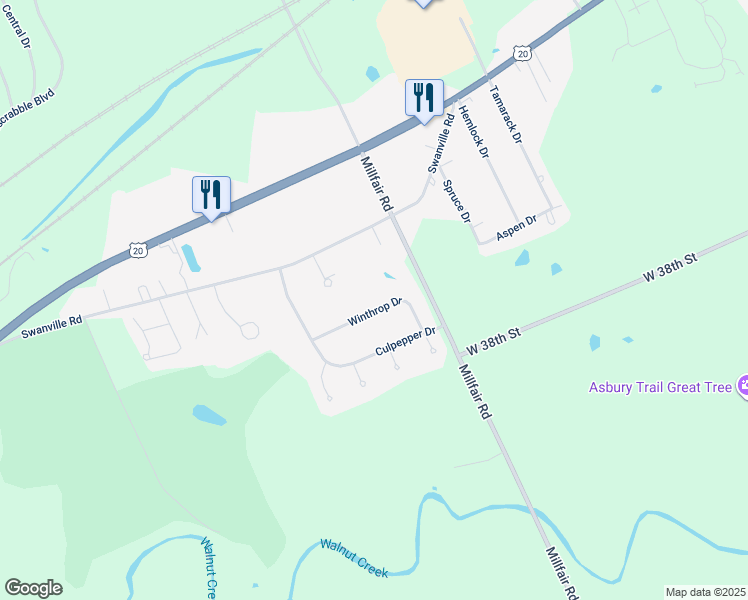 map of restaurants, bars, coffee shops, grocery stores, and more near 5652 Winthrop Drive in Erie