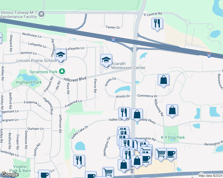 map of restaurants, bars, coffee shops, grocery stores, and more near 120 Kristin Circle in Schaumburg