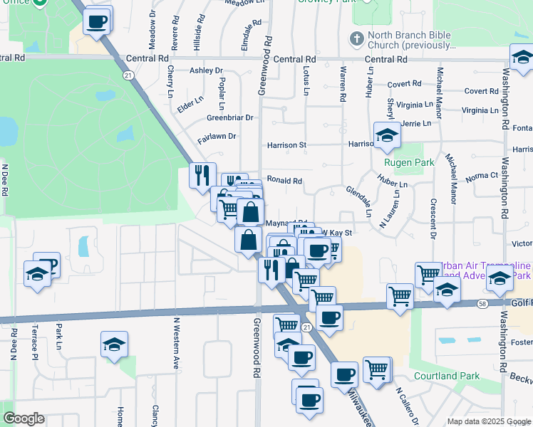 map of restaurants, bars, coffee shops, grocery stores, and more near 9801 North Greenwood Avenue in Niles