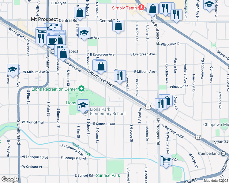 map of restaurants, bars, coffee shops, grocery stores, and more near 701 East Prospect Avenue in Mount Prospect
