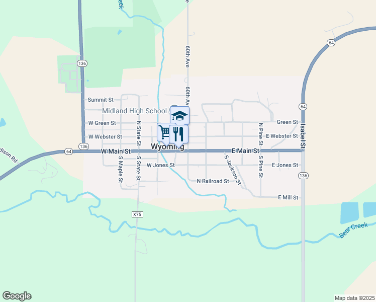 map of restaurants, bars, coffee shops, grocery stores, and more near 156 West Main Street in Wyoming