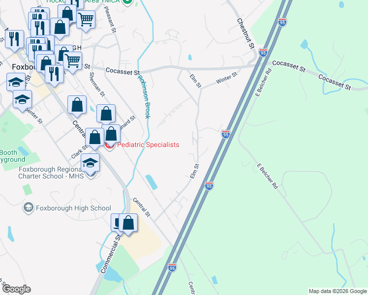 map of restaurants, bars, coffee shops, grocery stores, and more near 41 Elm Street in Foxborough