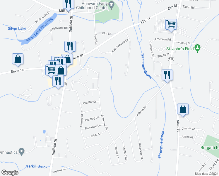 map of restaurants, bars, coffee shops, grocery stores, and more near 19 Castle Hills Road in Agawam