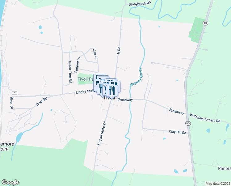 map of restaurants, bars, coffee shops, grocery stores, and more near 45 Broadway in Tivoli