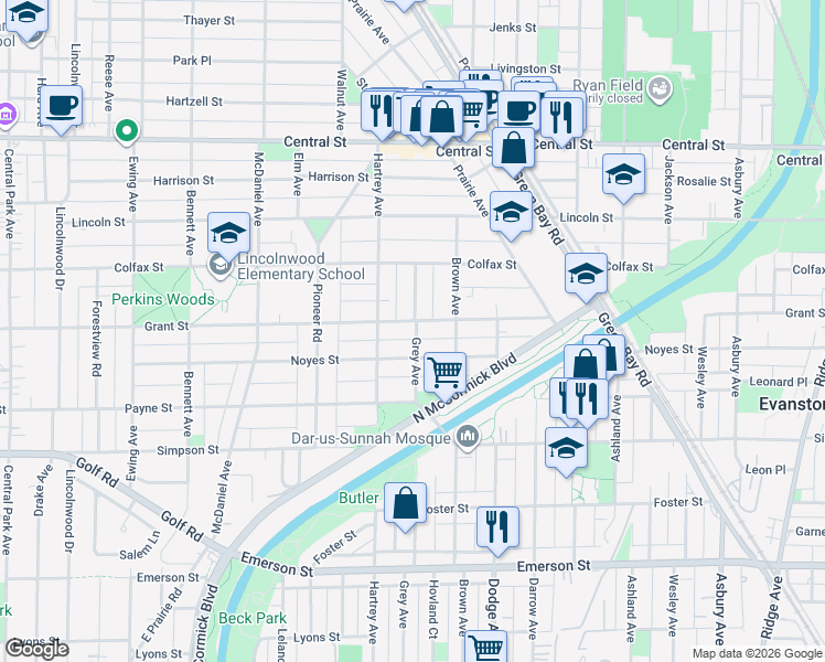 map of restaurants, bars, coffee shops, grocery stores, and more near 2222 Grey Avenue in Evanston