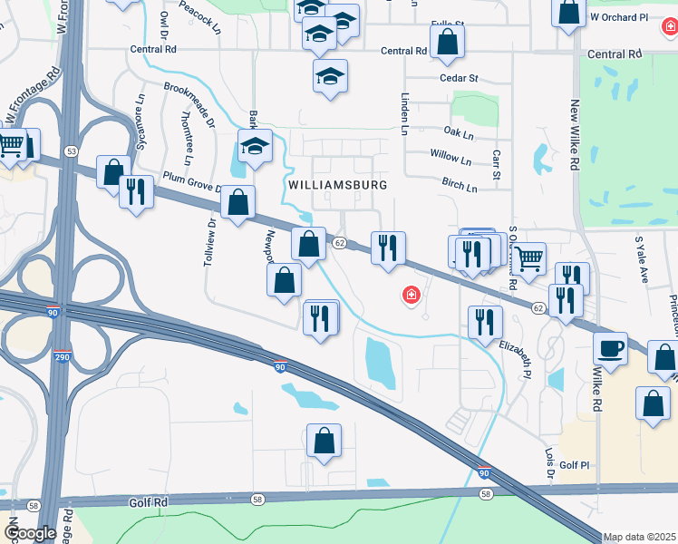 map of restaurants, bars, coffee shops, grocery stores, and more near 5101 Carriageway Drive in Rolling Meadows